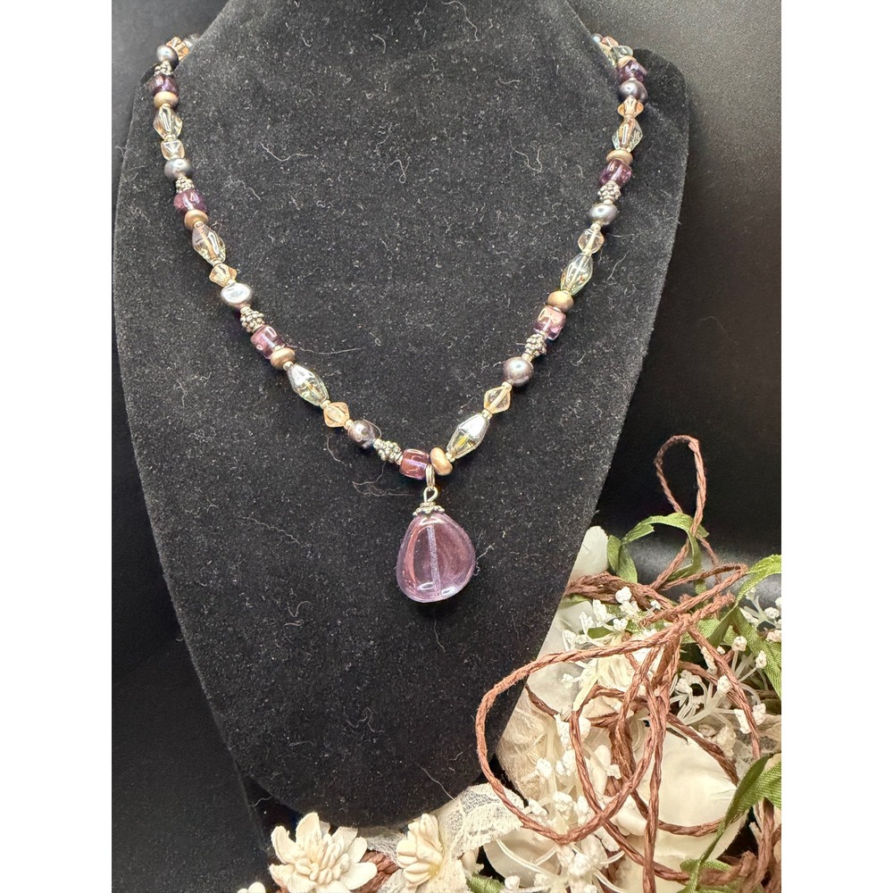 Lia Sophia Purple Glass Teardrop Pendant Necklace Beaded Silver Tone Y2K VTG